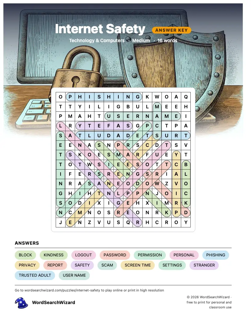 Internet Safety word search answer key, all 16 words marked