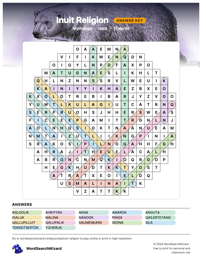 Inuit Religion word search answer key, all 17 words marked