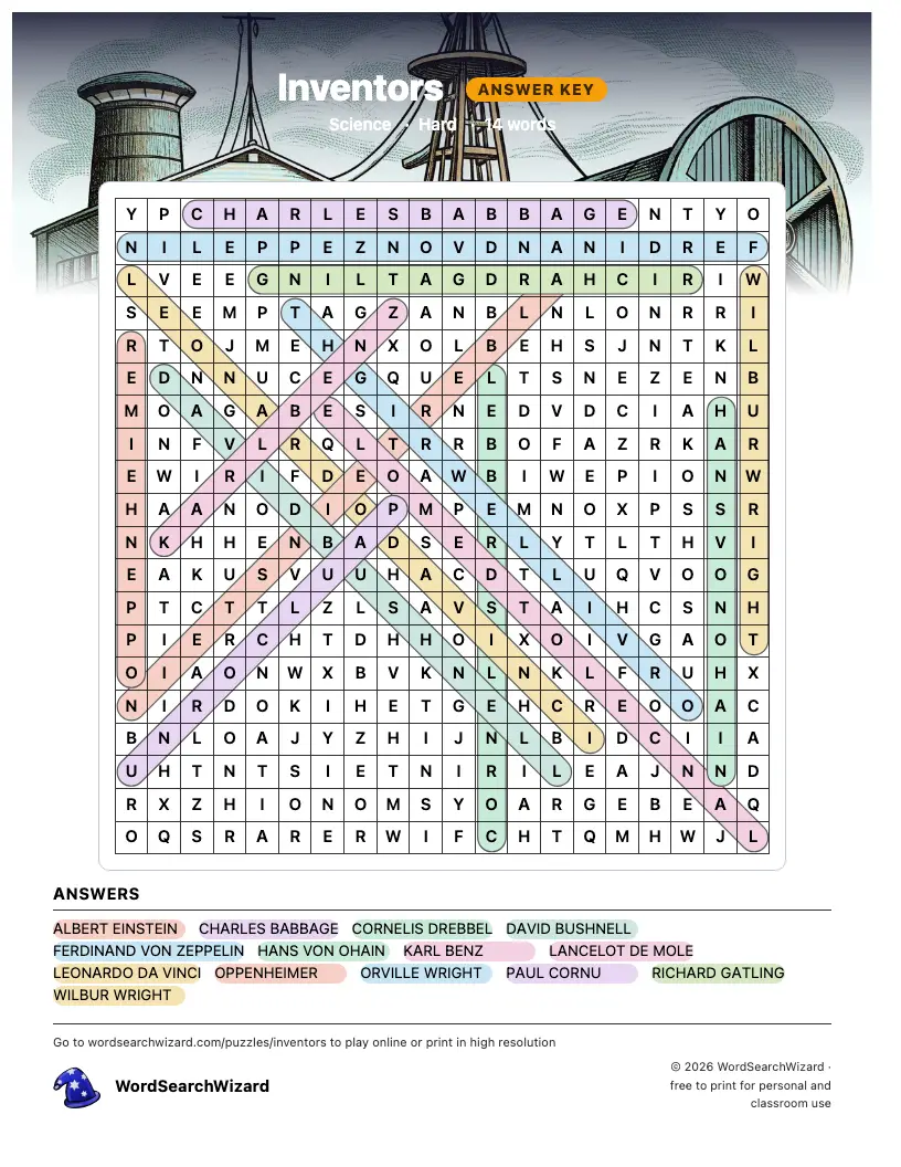 Inventors word search answer key, all 14 words marked