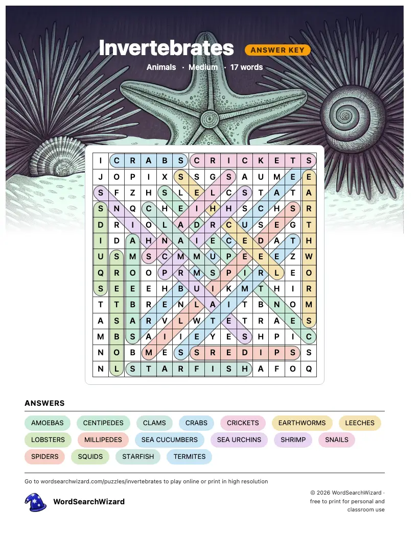 Invertebrates word search answer key, all 17 words marked