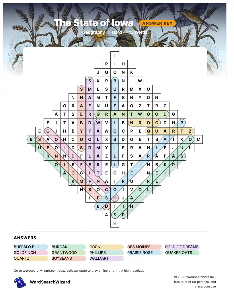 The State of Iowa word search answer key, all 13 words marked