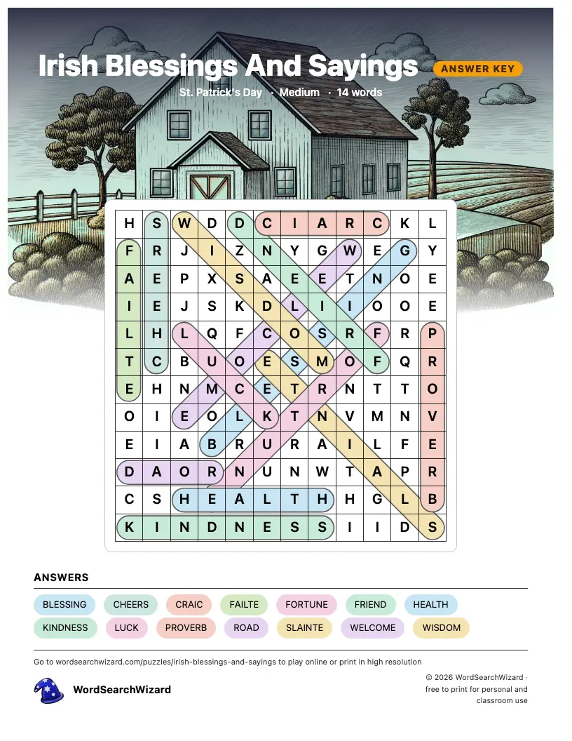 Irish Blessings And Sayings word search answer key, all 14 words marked