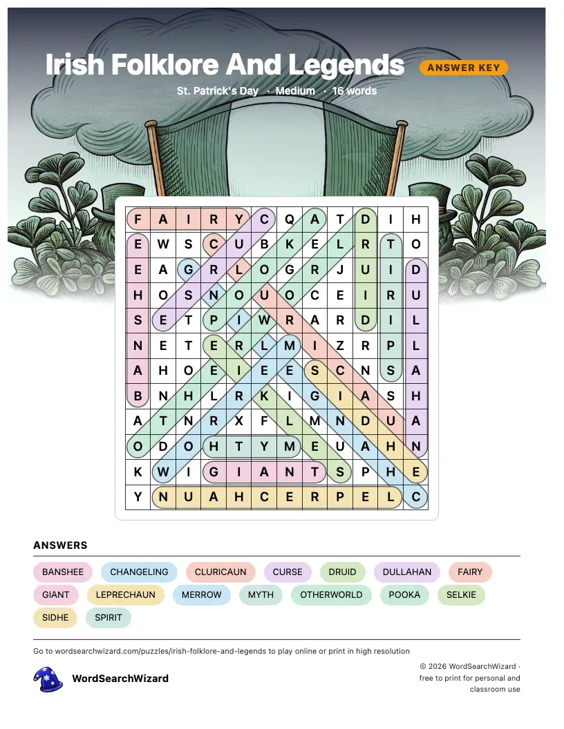 Irish Folklore And Legends word search answer key, all 16 words marked