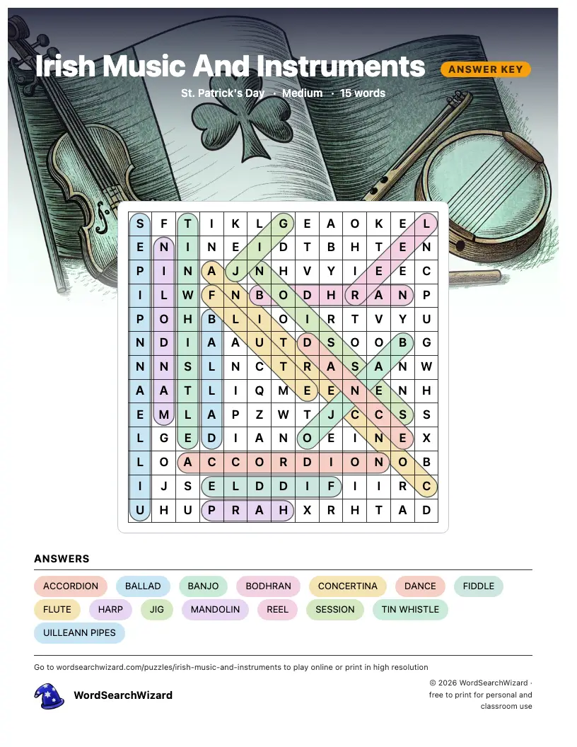 Irish Music And Instruments word search answer key, all 15 words marked