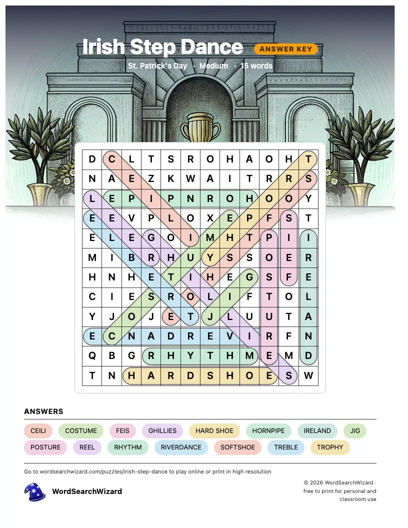 Irish Step Dance word search answer key, all 15 words marked