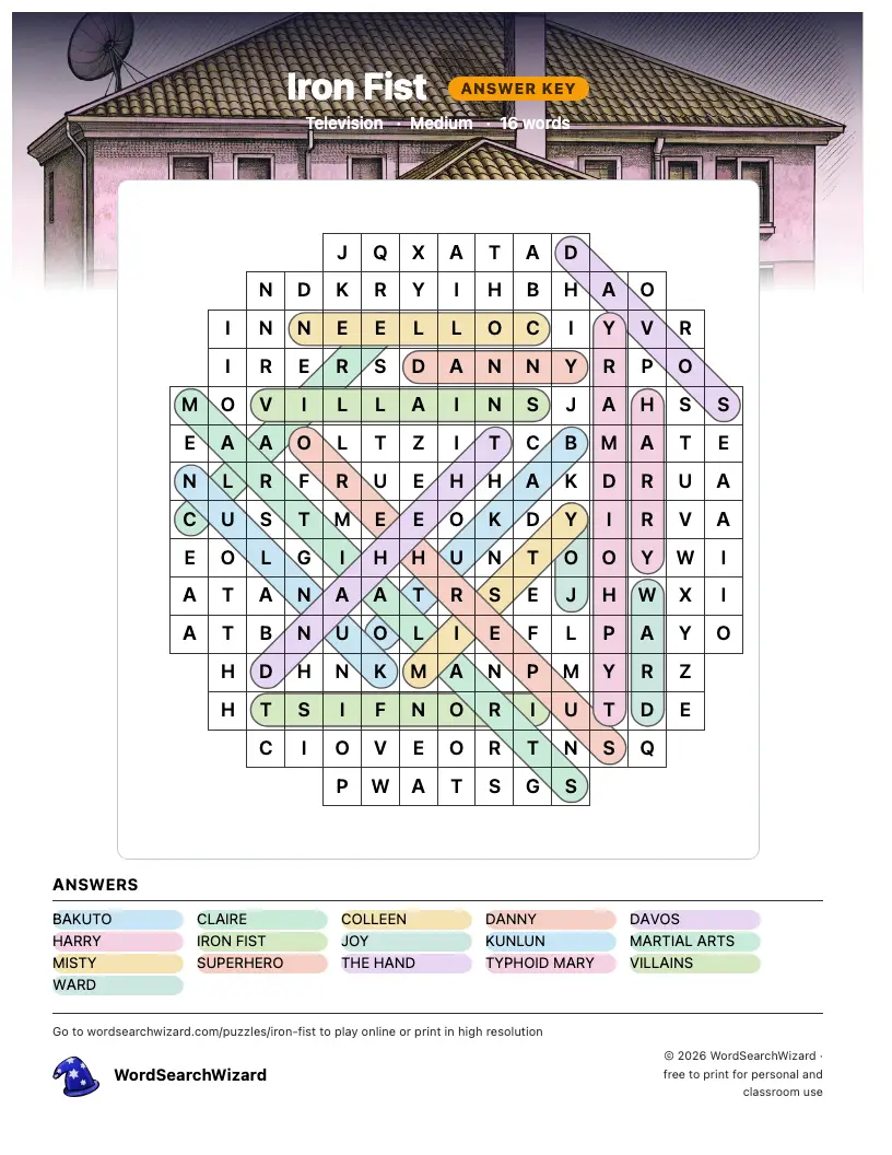 Iron Fist word search answer key, all 16 words marked