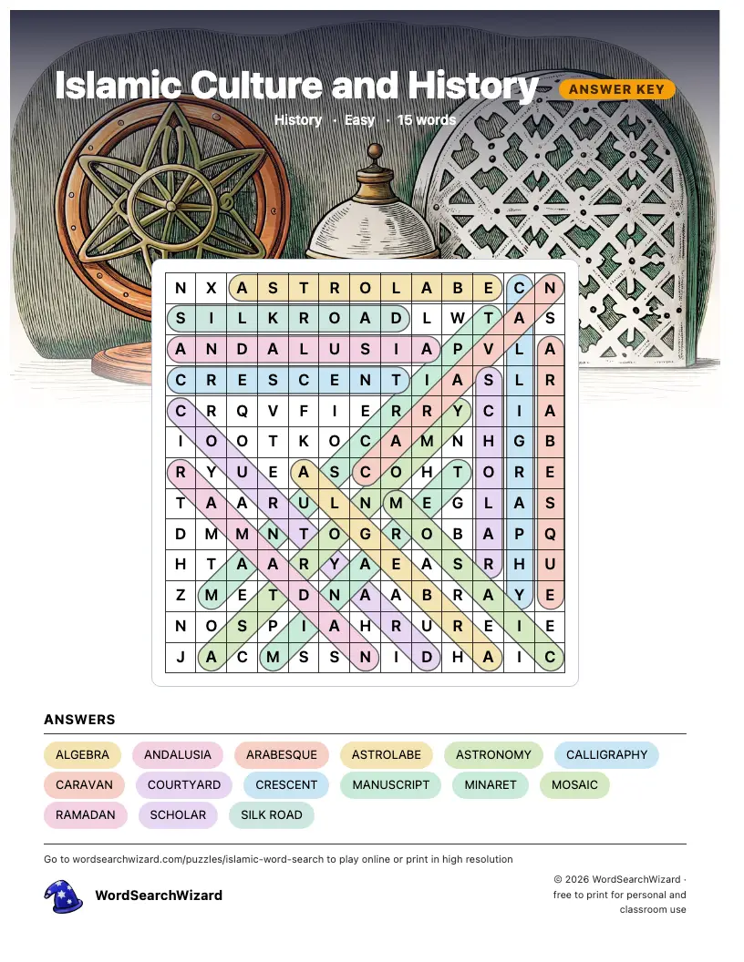 Islamic Culture and History word search answer key, all 15 words marked