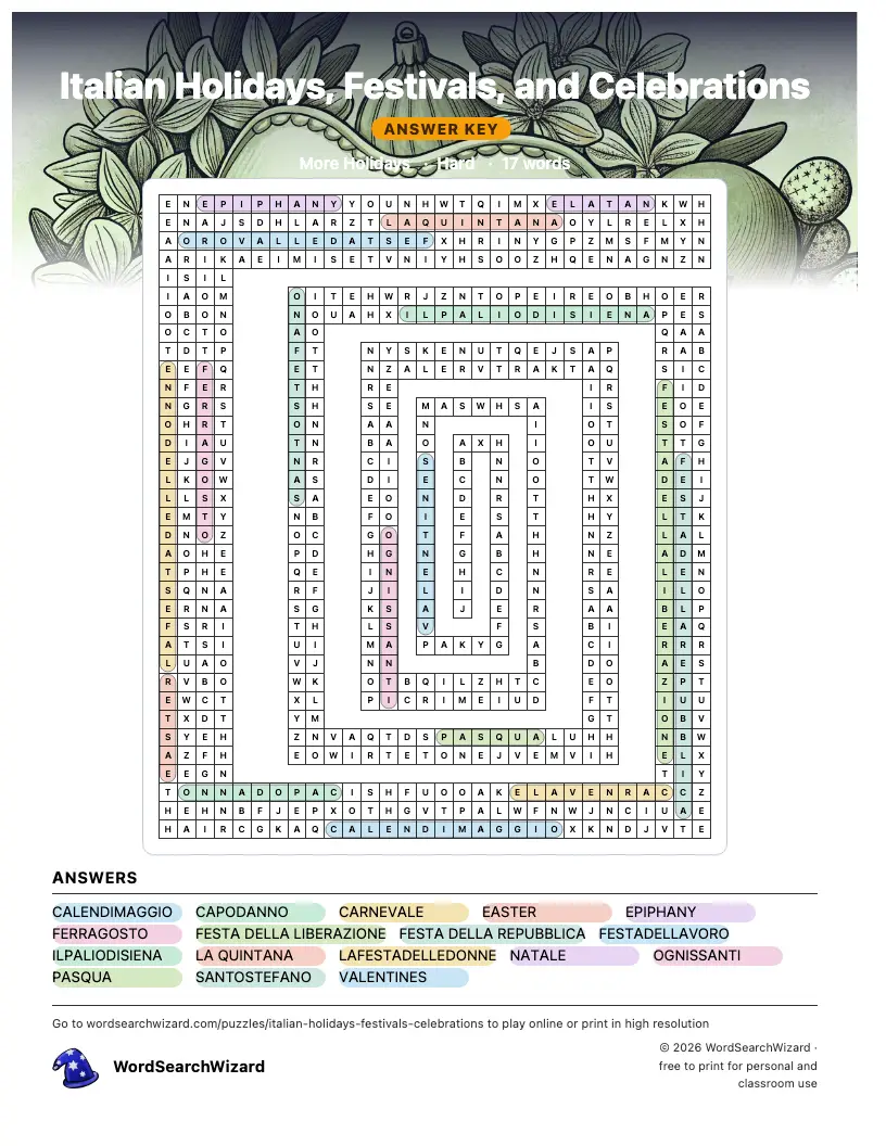 Italian Holidays, Festivals, and Celebrations word search answer key, all 17 words marked