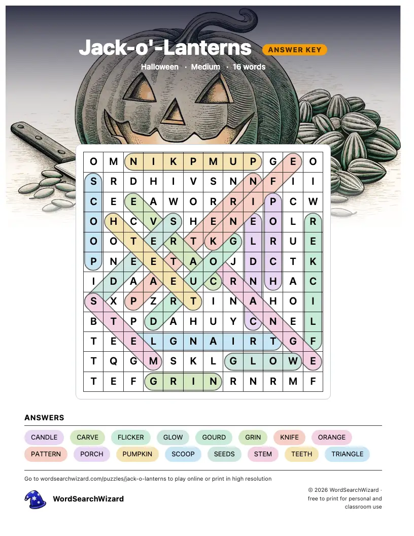 Jack-o'-Lanterns word search answer key, all 16 words marked