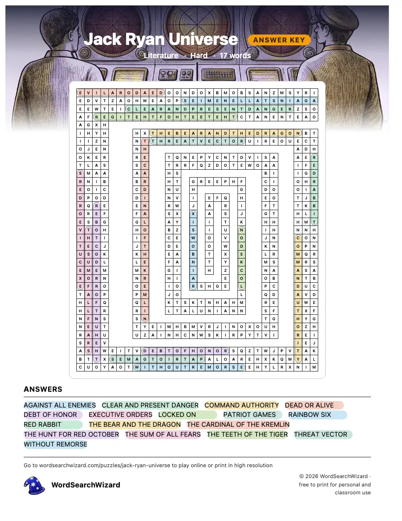 Jack Ryan Universe word search answer key, all 17 words marked