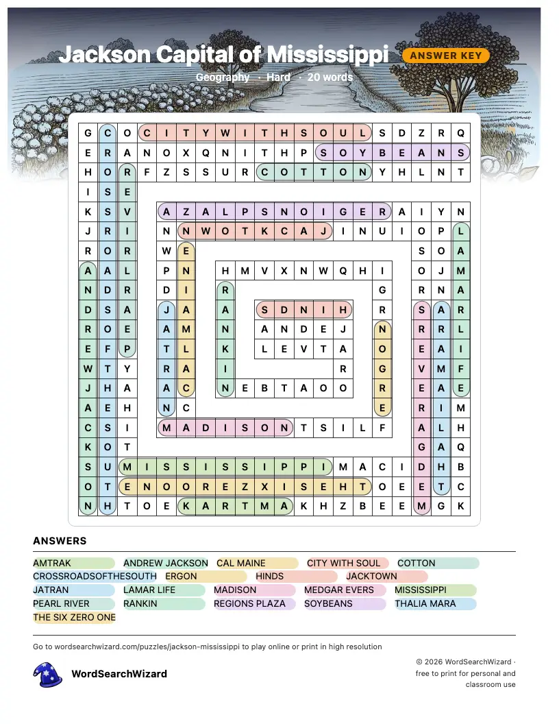 Jackson Capital of Mississippi word search answer key, all 20 words marked