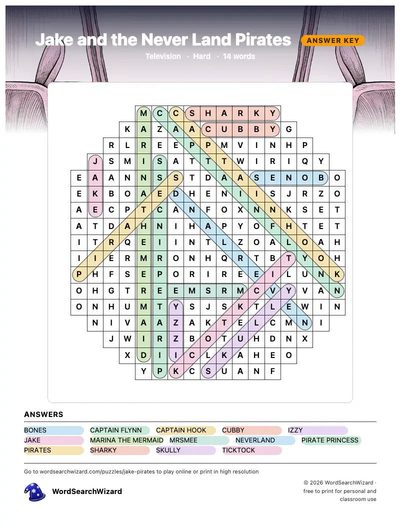 Jake and the Never Land Pirates word search answer key, all 14 words marked