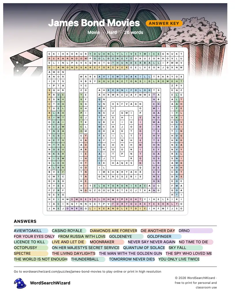 James Bond Movies word search answer key, all 26 words marked