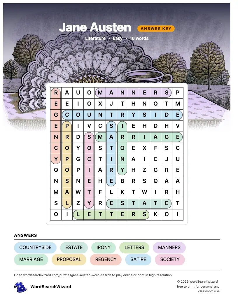Jane Austen word search answer key, all 10 words marked