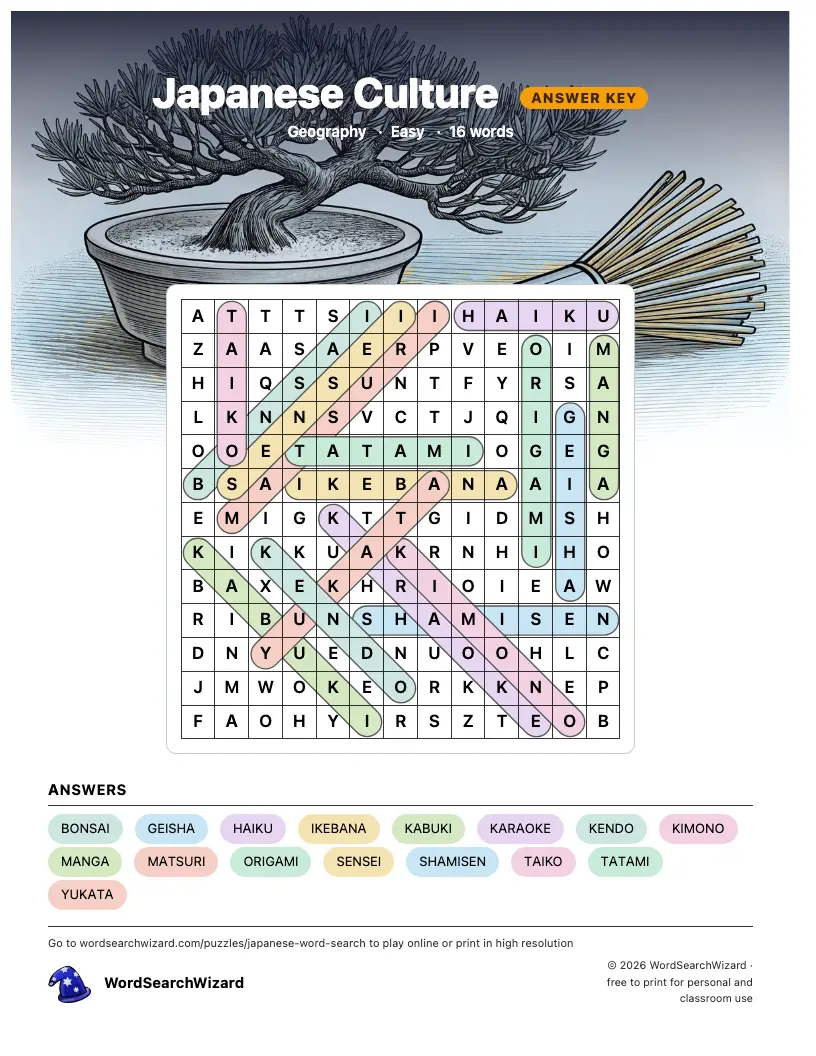 Japanese Culture word search answer key, all 16 words marked