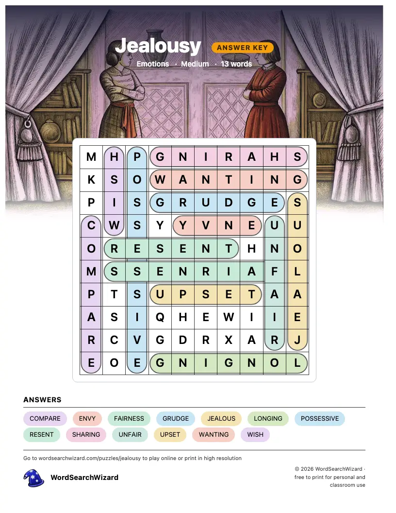 Jealousy word search answer key, all 13 words marked