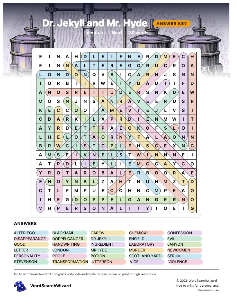 Dr. Jekyll and Mr. Hyde word search answer key, all 30 words marked