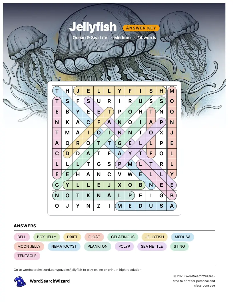 Jellyfish word search answer key, all 14 words marked