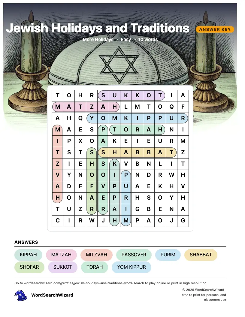 Jewish Holidays and Traditions word search answer key, all 10 words marked