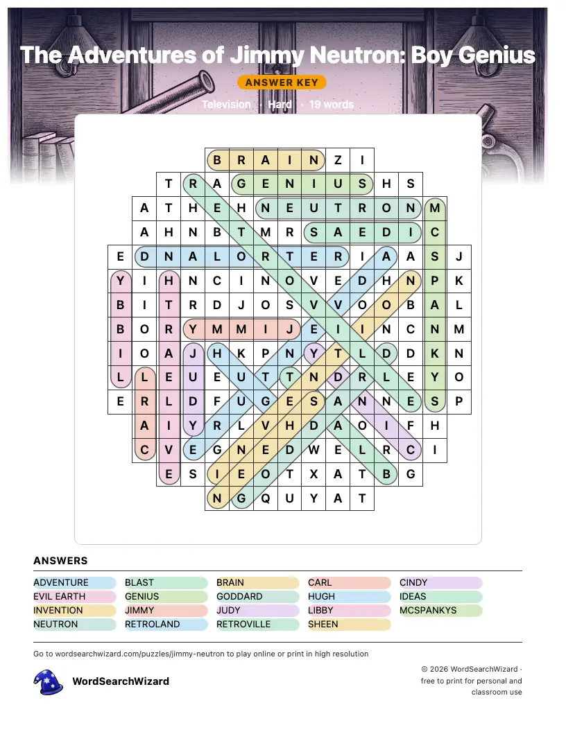 The Adventures of Jimmy Neutron: Boy Genius word search answer key, all 19 words marked