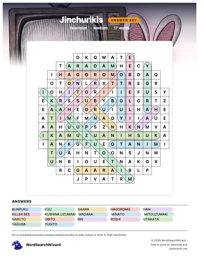 Jinchurikis word search answer key, all 17 words marked