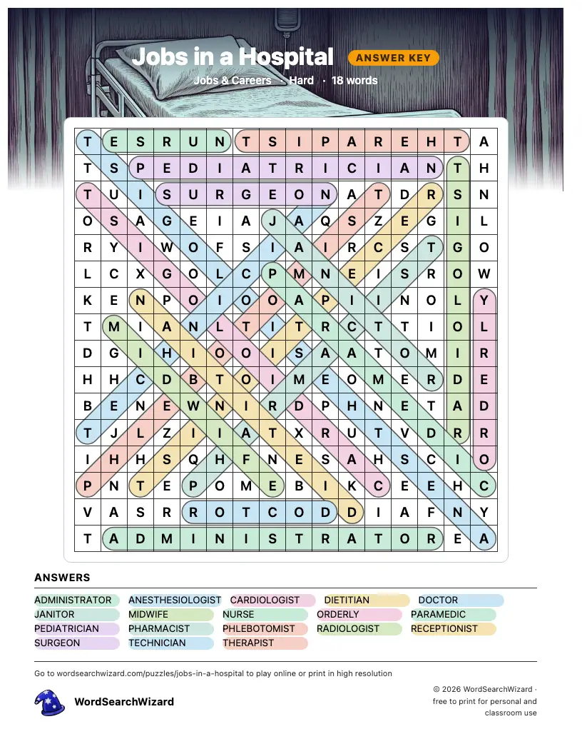 Jobs in a Hospital word search answer key, all 18 words marked