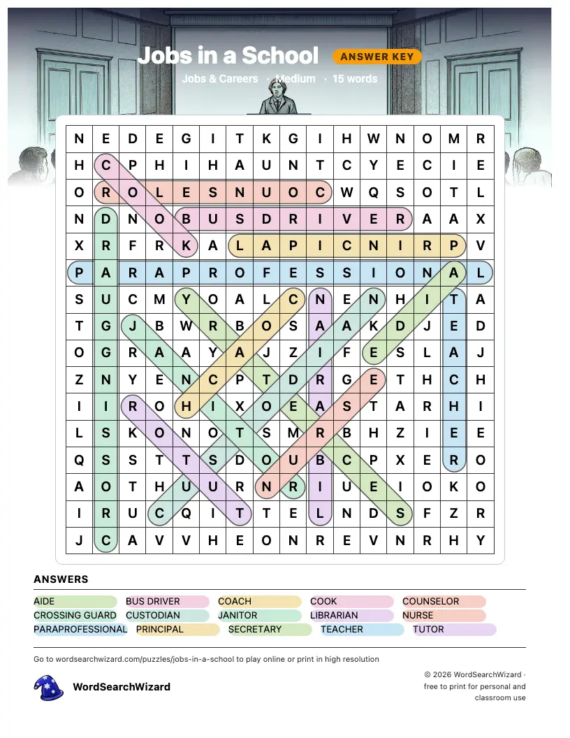 Jobs in a School word search answer key, all 15 words marked