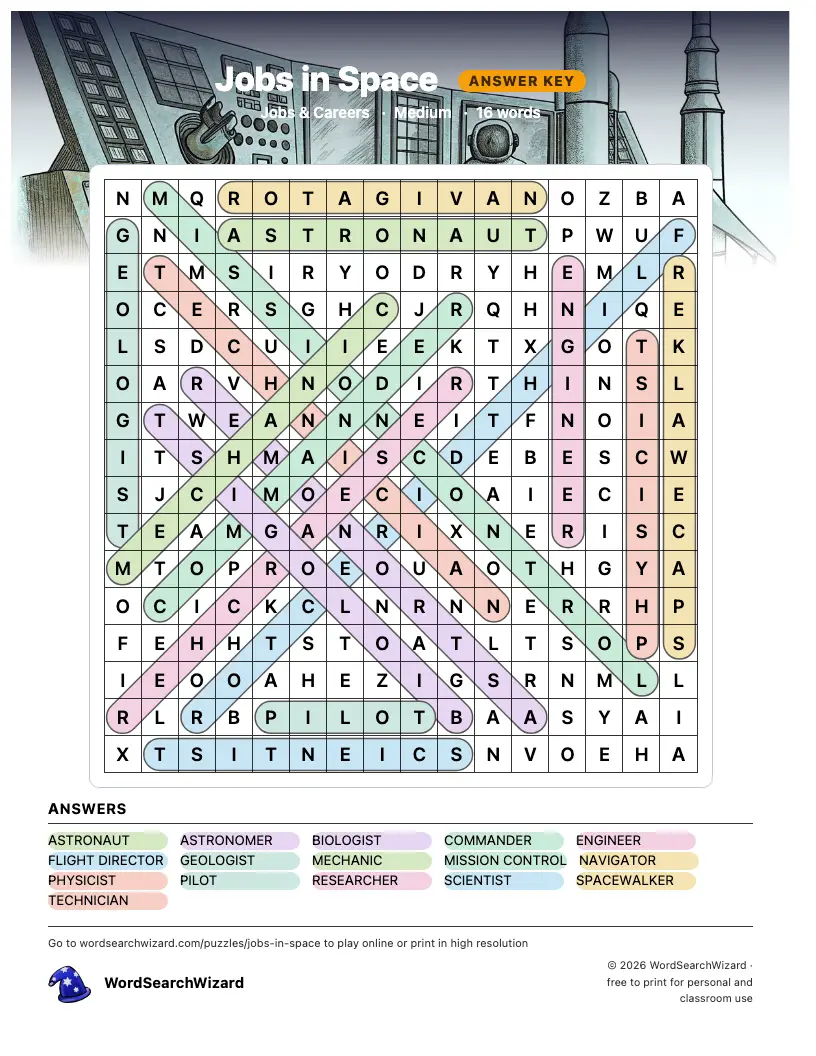 Jobs in Space word search answer key, all 16 words marked