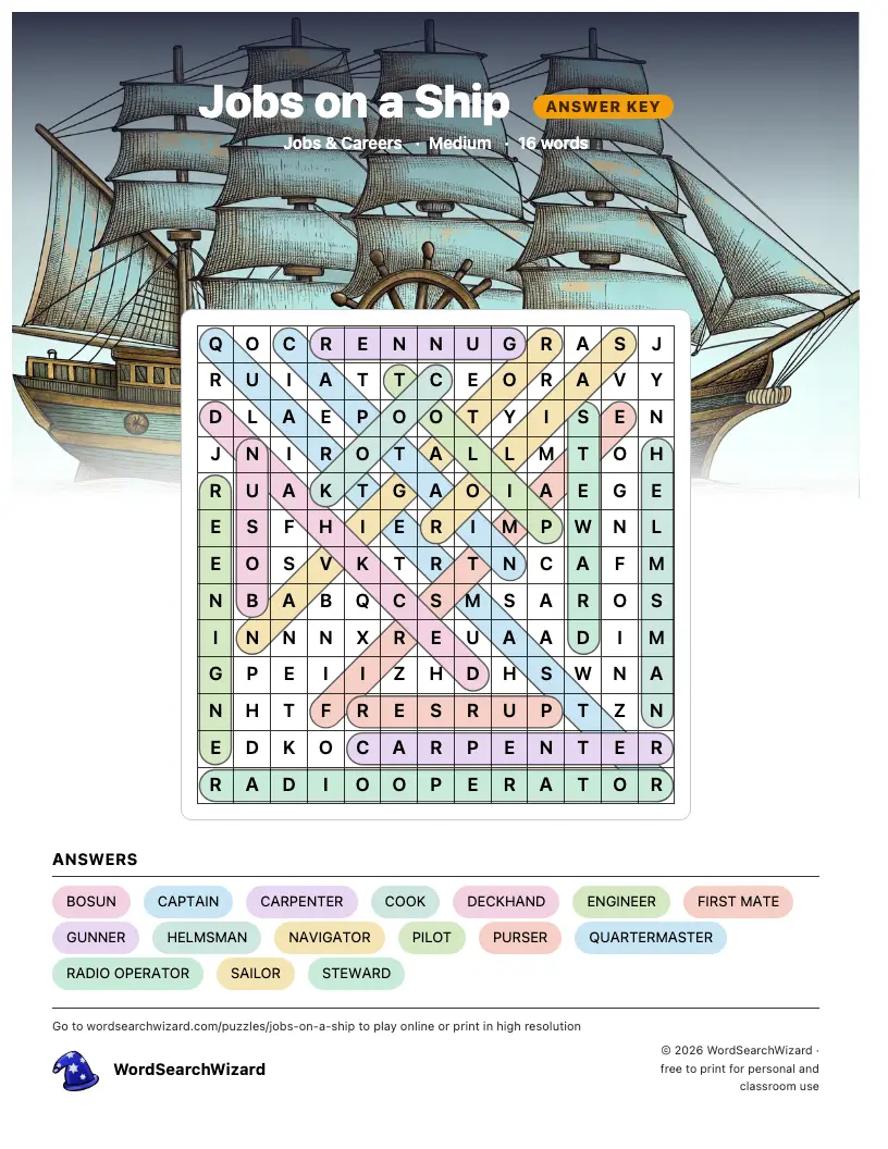 Jobs on a Ship word search answer key, all 16 words marked