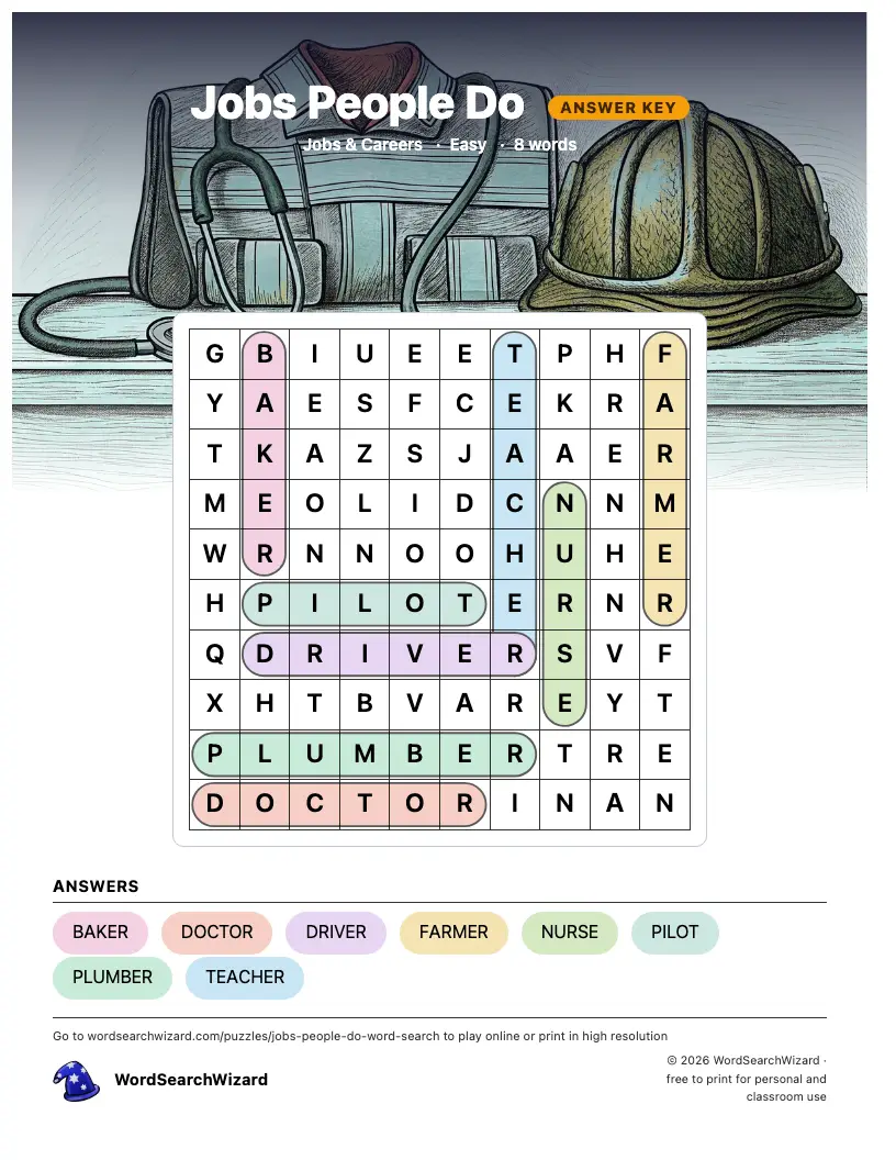 Jobs People Do word search answer key, all 8 words marked