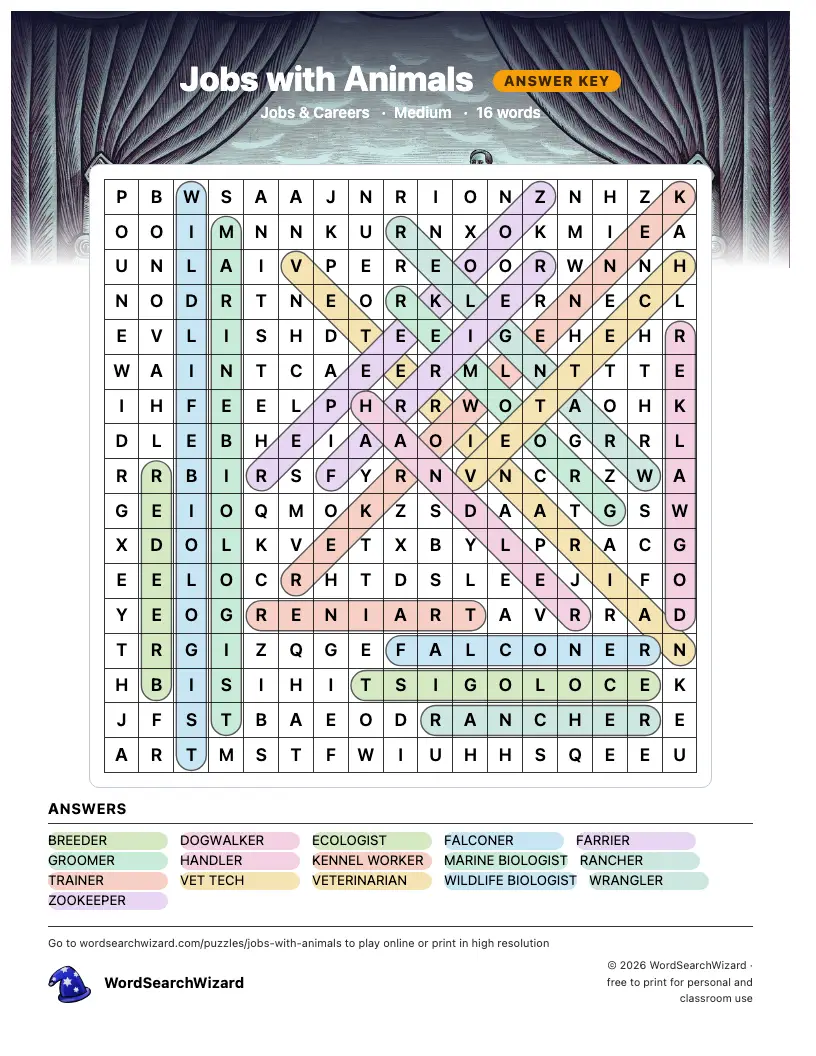 Jobs with Animals word search answer key, all 16 words marked