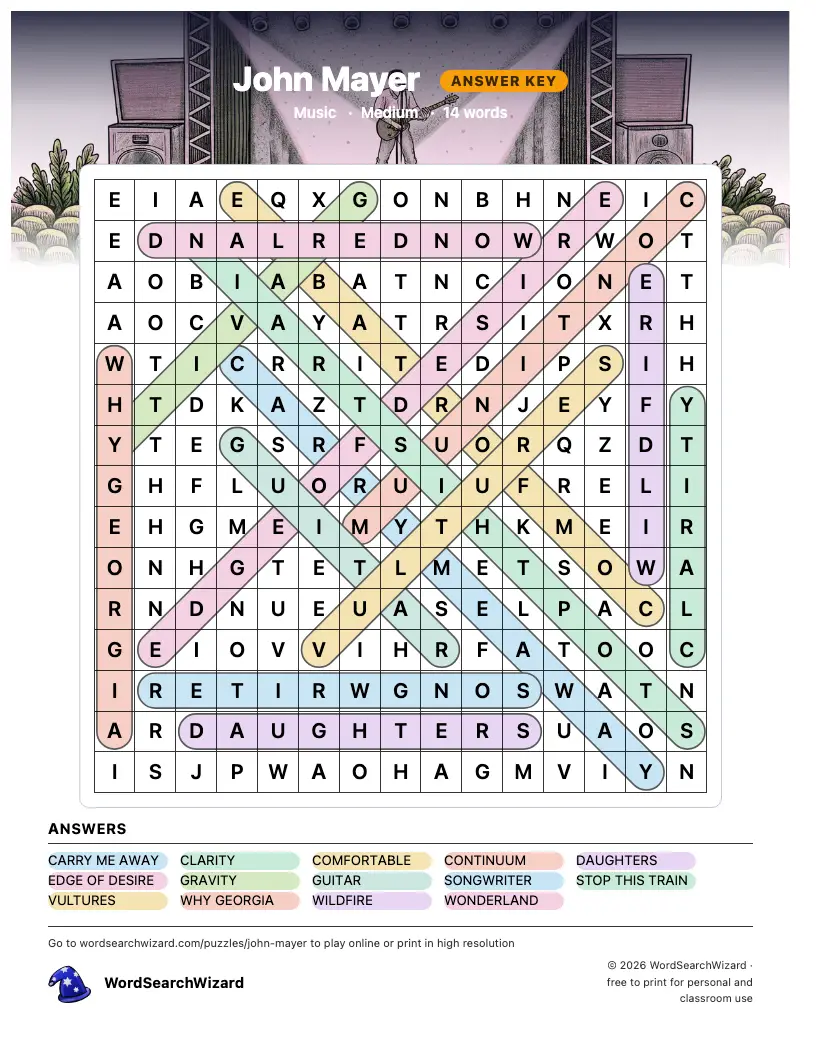 John Mayer word search answer key, all 14 words marked