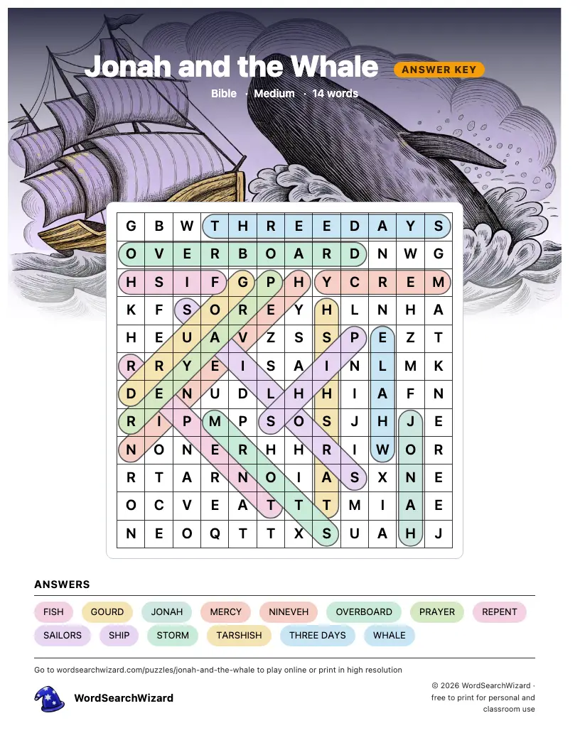 Jonah and the Whale word search answer key, all 14 words marked