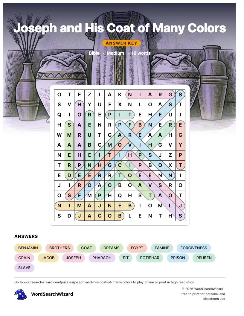 Joseph and His Coat of Many Colors word search answer key, all 16 words marked
