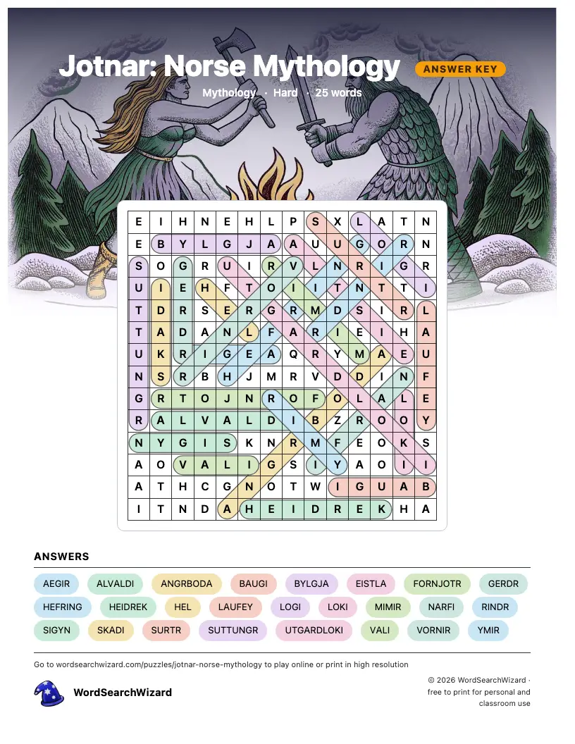 Jotnar: Norse Mythology word search answer key, all 25 words marked
