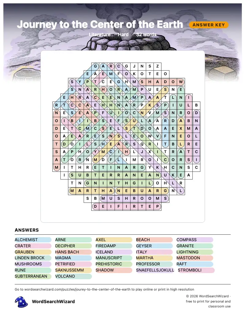 Journey to the Center of the Earth word search answer key, all 32 words marked