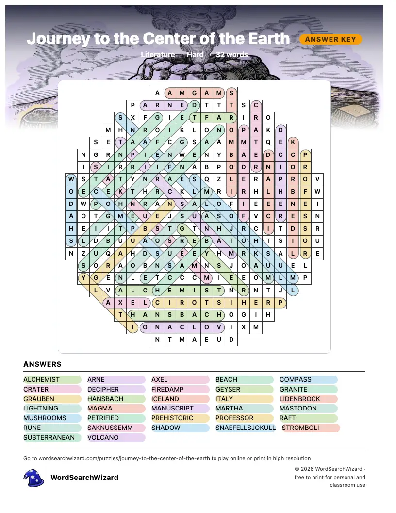 Journey to the Center of the Earth word search answer key, all 32 words marked