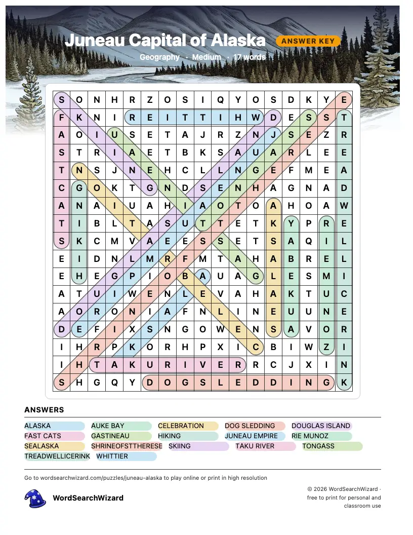 Juneau Capital of Alaska word search answer key, all 17 words marked