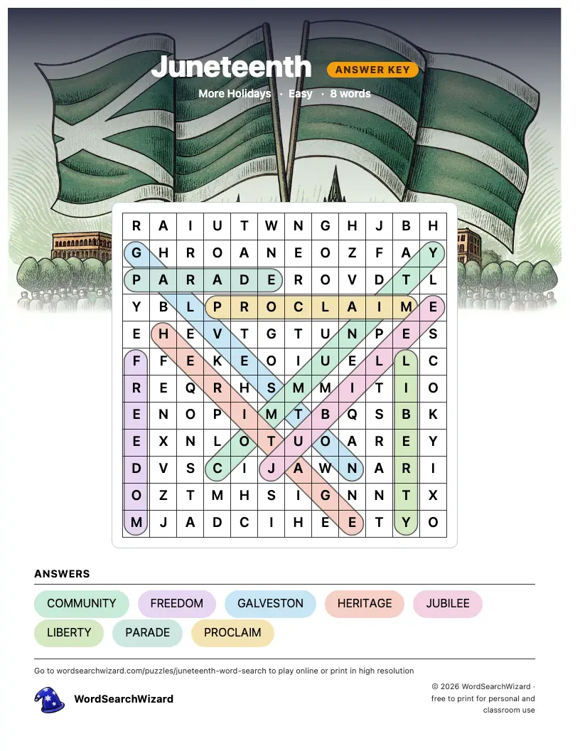Juneteenth word search answer key, all 8 words marked