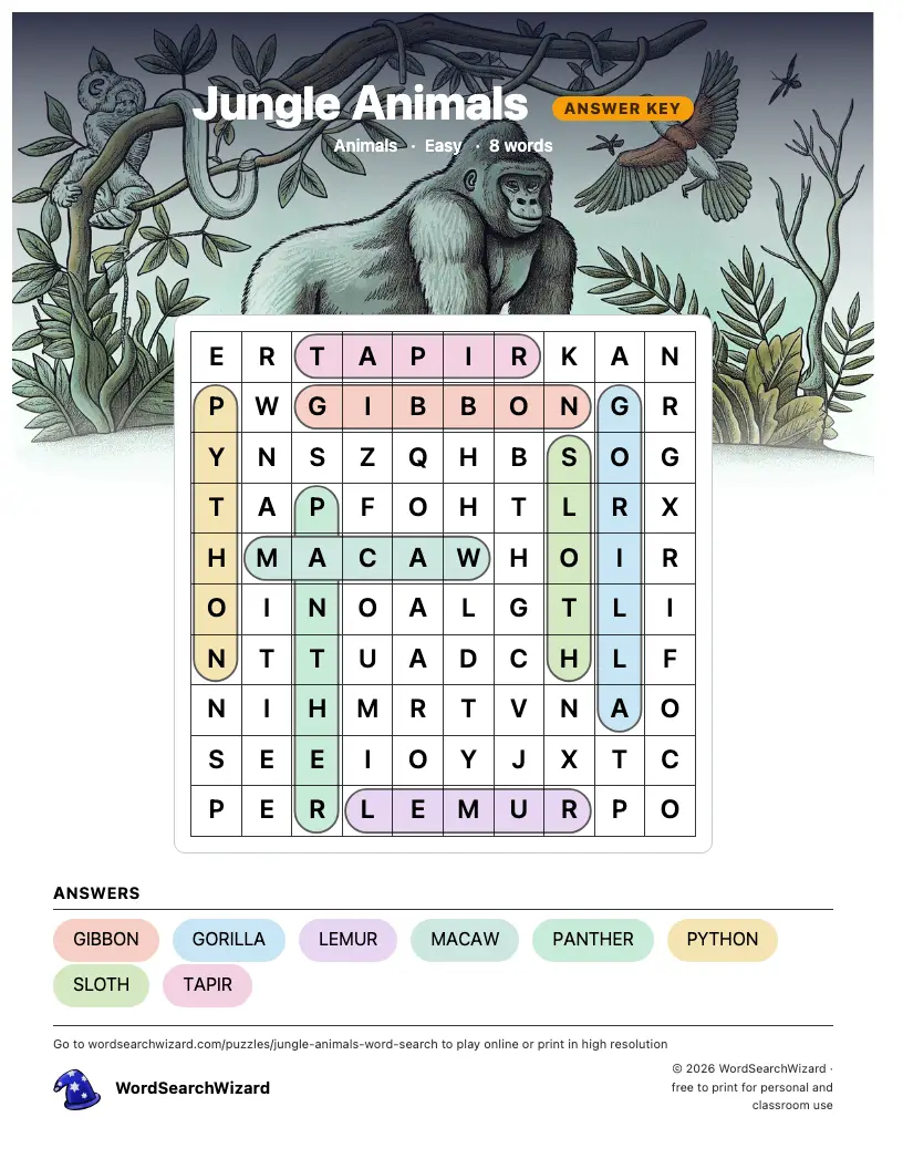 Jungle Animals word search answer key, all 8 words marked