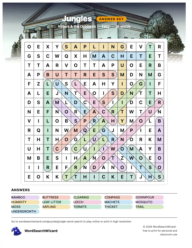 Jungles word search answer key, all 16 words marked