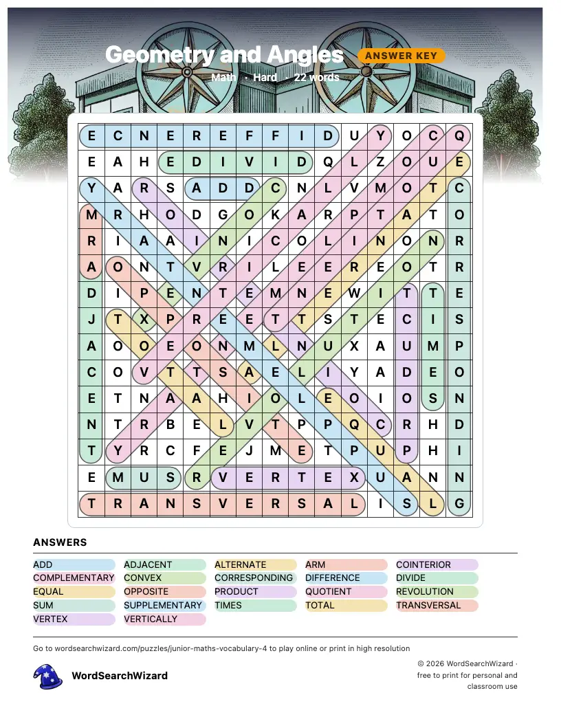 Geometry and Angles word search answer key, all 22 words marked