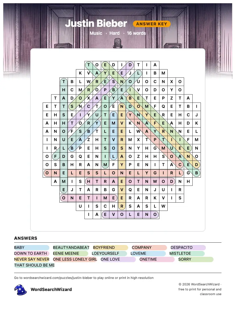 Justin Bieber word search answer key, all 16 words marked