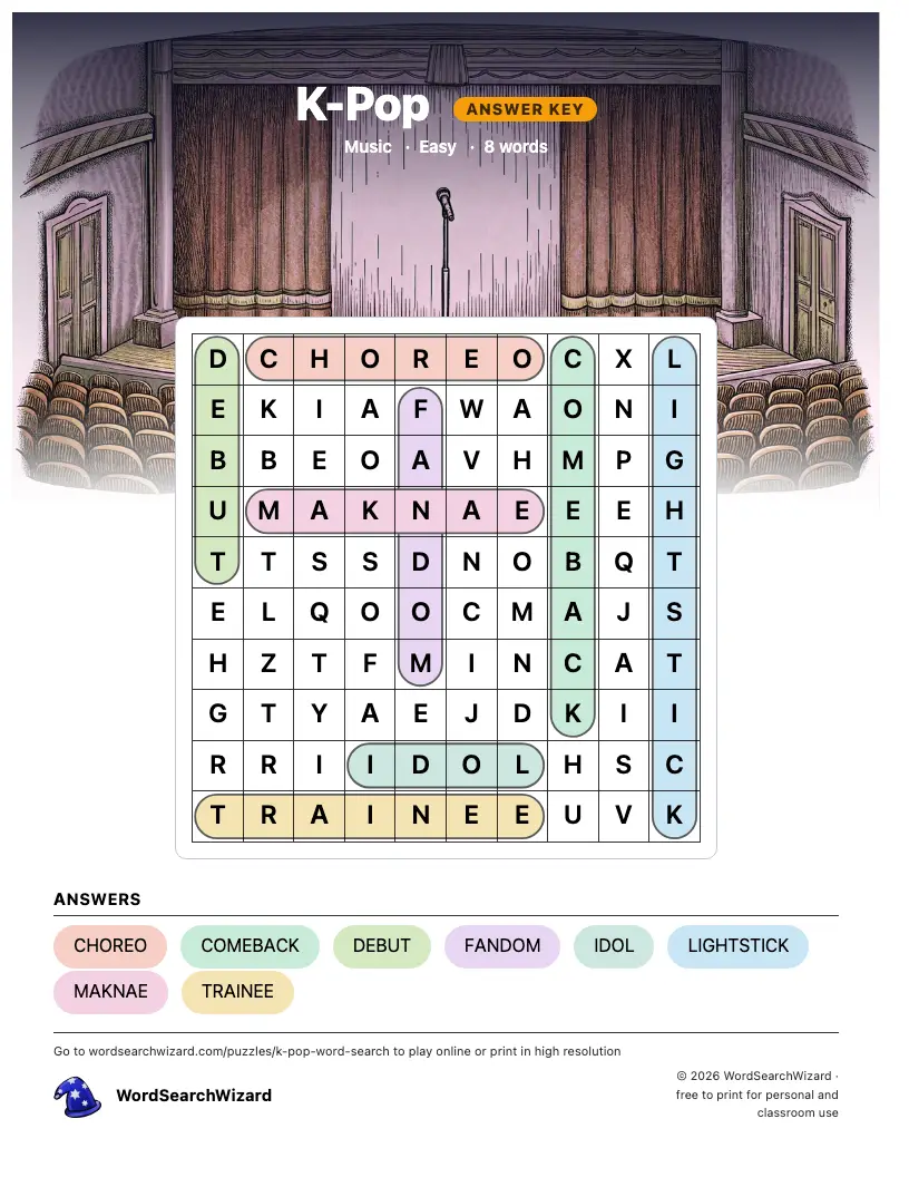 K-Pop word search answer key, all 8 words marked