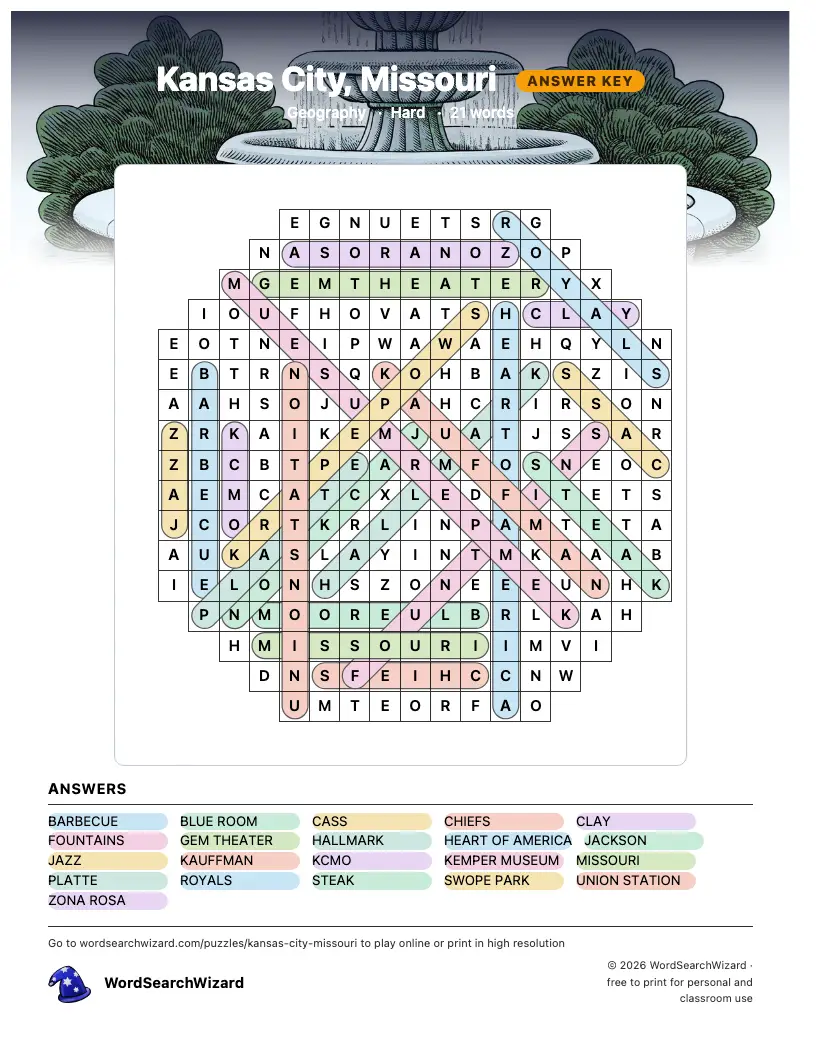Kansas City, Missouri word search answer key, all 21 words marked