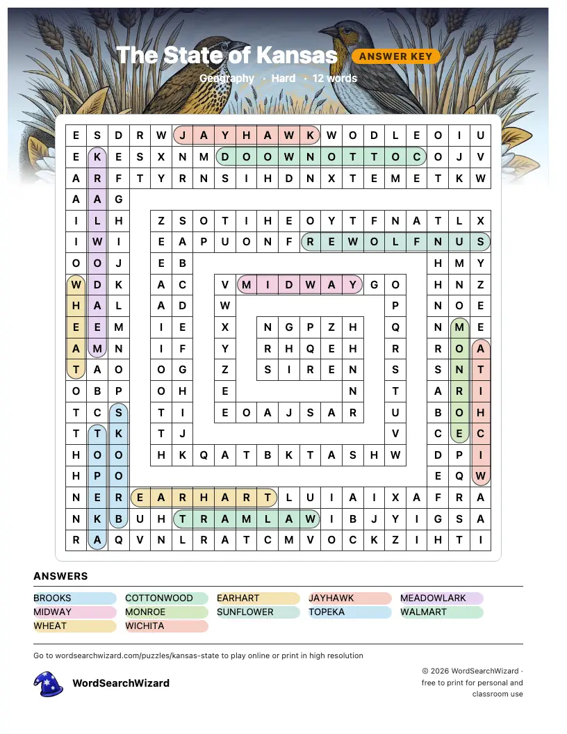 The State of Kansas word search answer key, all 12 words marked