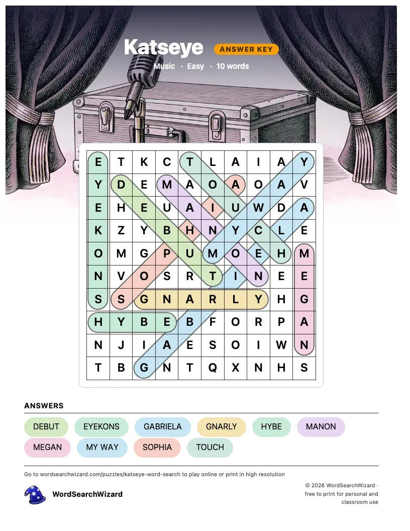 Katseye word search answer key, all 10 words marked