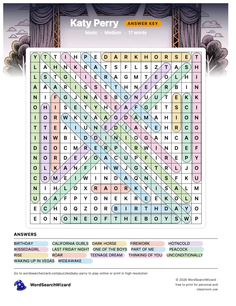 Katy Perry word search answer key, all 17 words marked