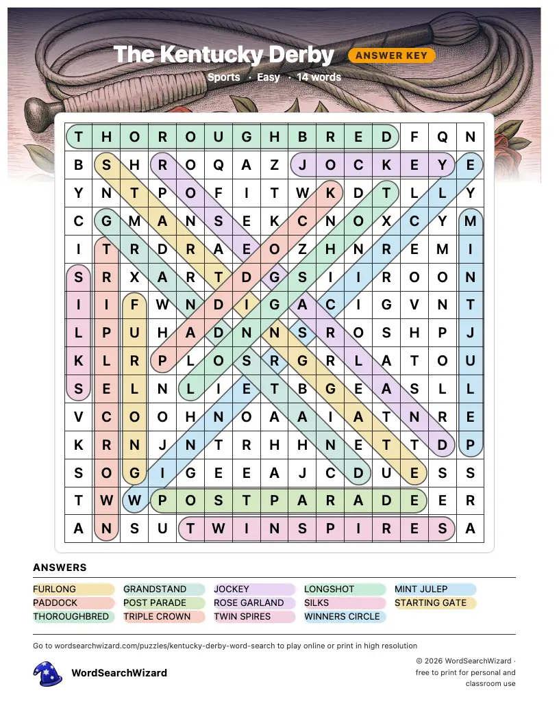 The Kentucky Derby word search answer key, all 14 words marked