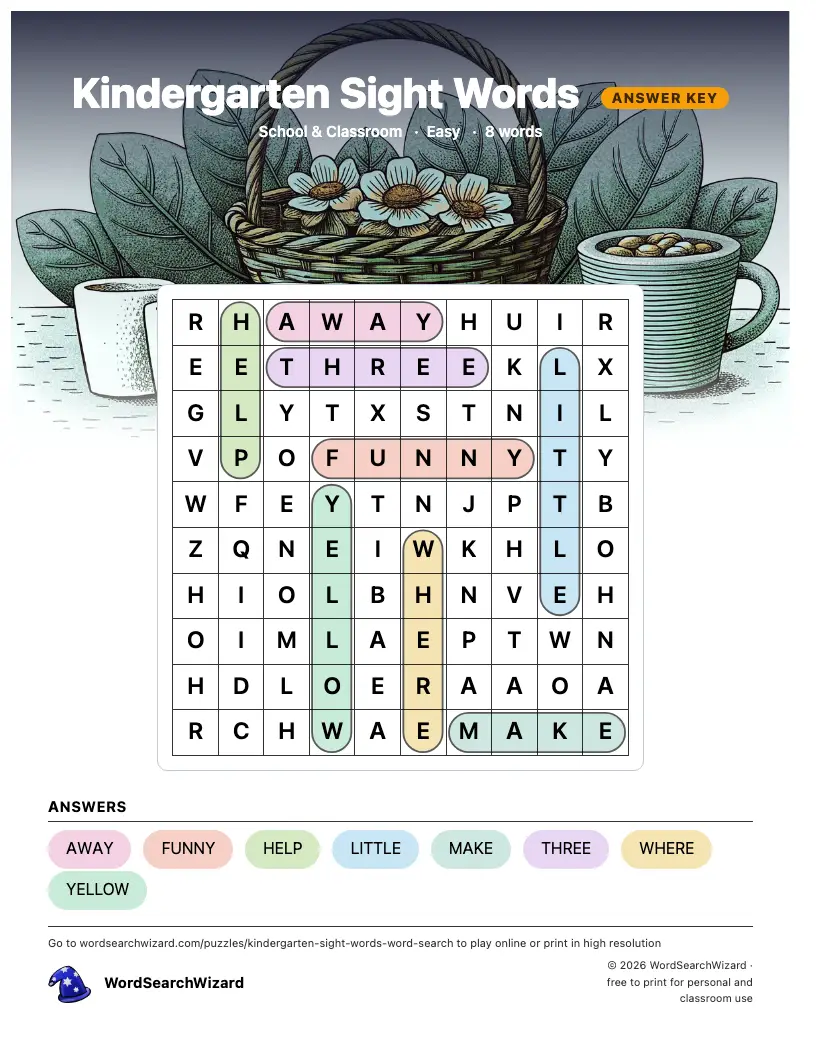 Kindergarten Sight Words word search answer key, all 8 words marked